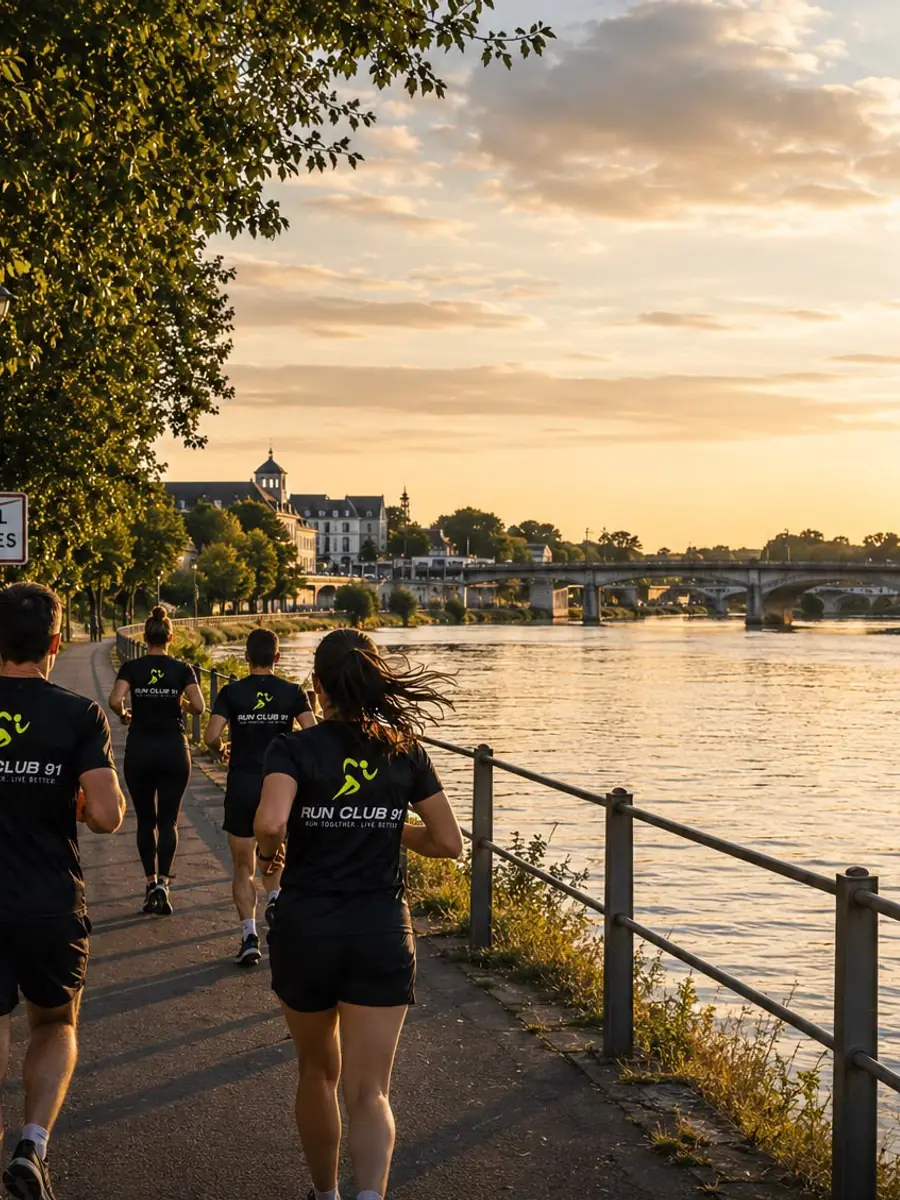 Le groupe du Run Club 91 en train de courir le long de la Seine à Corbeil-Essonnes